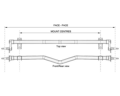 Diagram of Full Beam Duratorque, 1750kg, Gull Wing, Low-Rider showing top and front/rear views with mount centers.