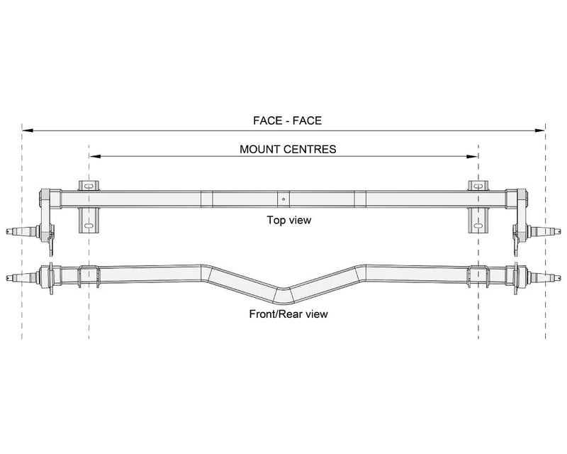 Full Beam Duratorque, 2200kg, Gull Wing, Low-Rider axle diagram showing top and front/rear views with mount centres.
