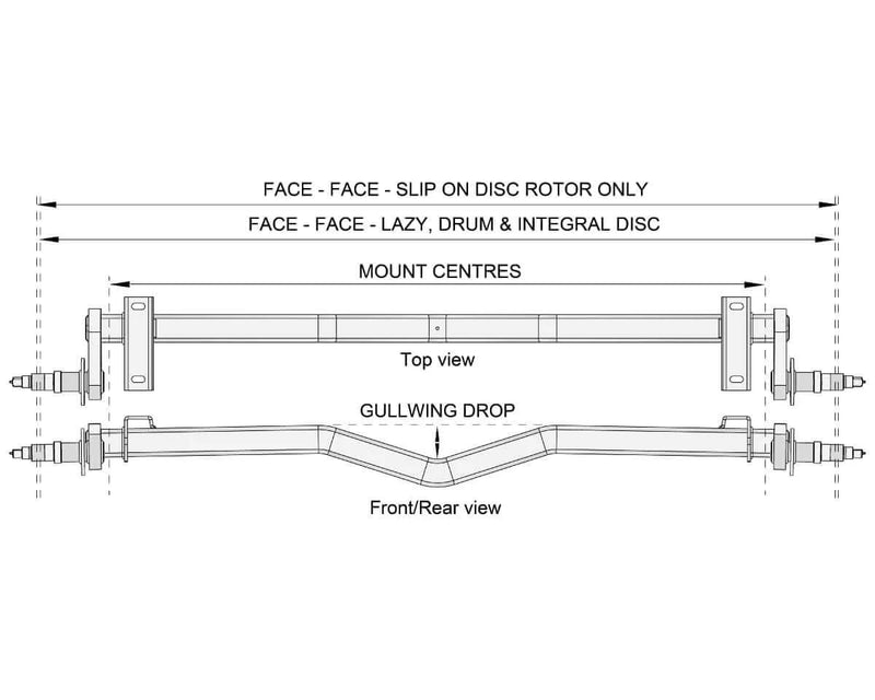 Duratorque Gull-Wing Beam Axle 3000kg technical drawing showing dimensions and specifications.