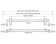 Duratorque Straight Beam Axle 3000kg Multi-Hub dimensions for top and front/rear views, detailing mount centres.