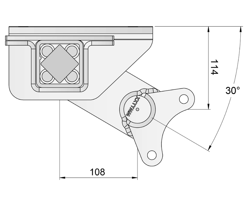 Half-beam Duratorque Left - 1000kg Per Pair, side view with dimensions 108mm, 114mm, and 30 degrees.