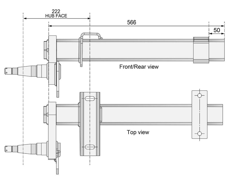 Half-beam Duratorque Left - 1000kg Per Pair technical drawing with front, rear, and top views.
