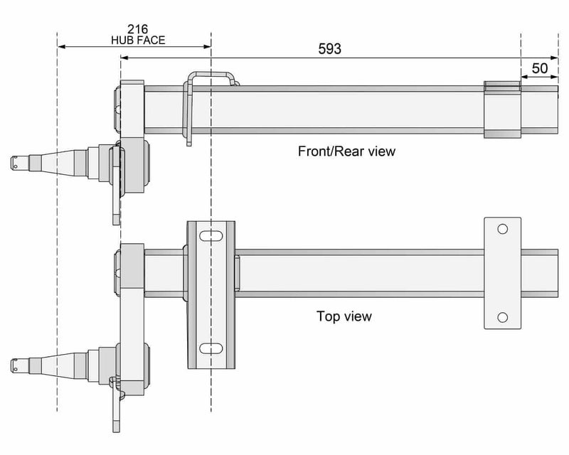 Half-beam Duratorque Left - 1750kg Per Pair - H/Duty Tophat technical drawing showing front/rear and top views.