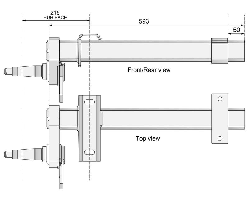 Duratorque Half Beam Axle Multi LH ( rated @2200kg per Pair) technical drawing front and top view