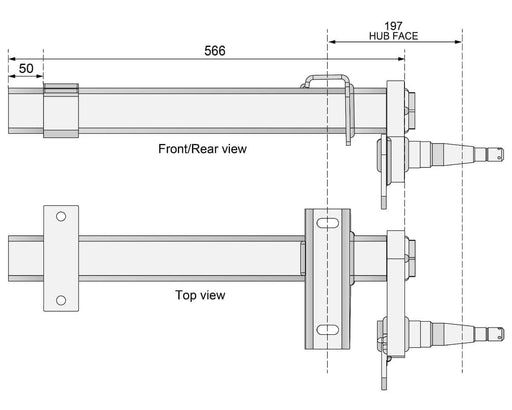Half-beam Duratorque Right - 1500kg Per Pair - Retro - technical drawing with front/rear and top views.