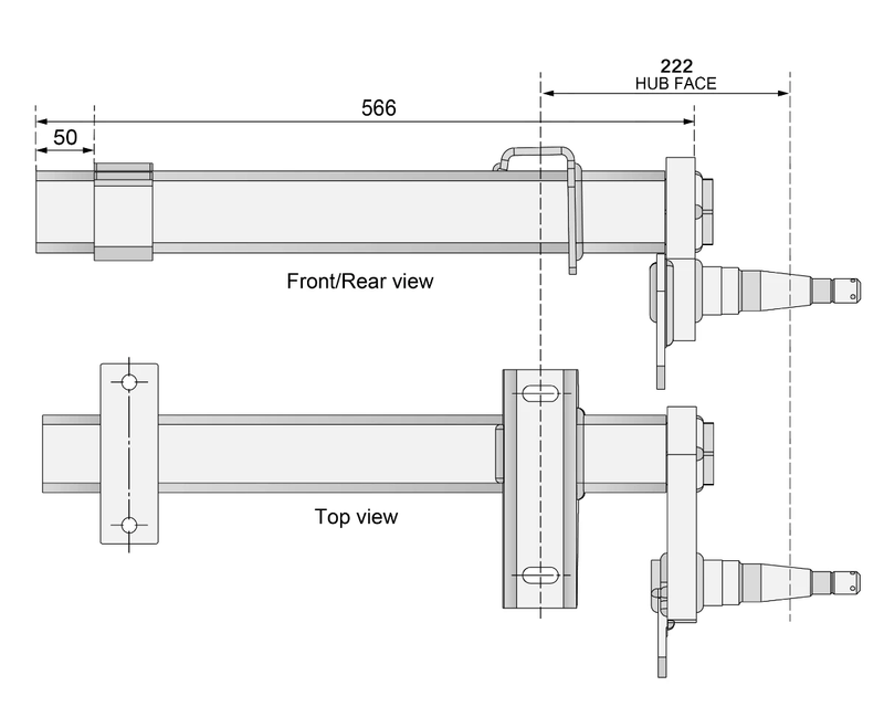 Half-beam Duratorque Right - 1500kg Per Pair T081020RHF technical drawing Front/Rear and Top view