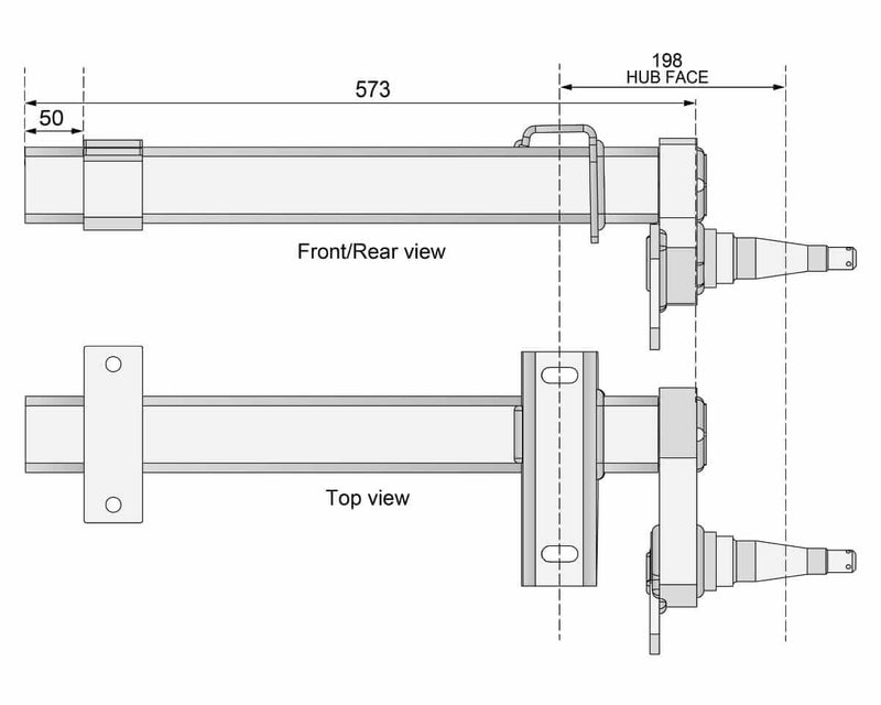 Half-beam Duratorque Right - 1750kg Pair - Retro 225mm Hub - Front/Rear and Top view dimensions