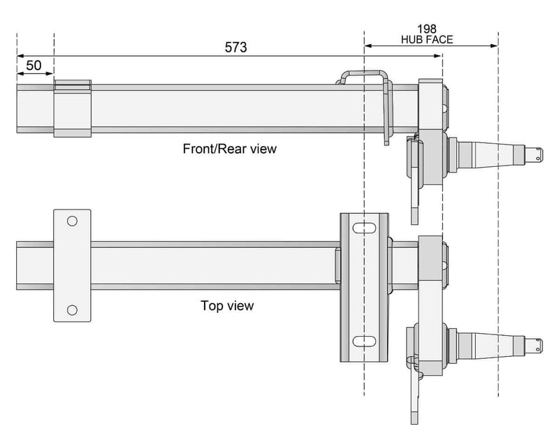 Half-beam Duratorque Right - 2200kg Per Pair - DMW dimensions and views including front, rear, and top.