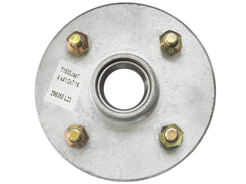 1500kg Early Model Hub - 4x4-1/2x7/16" with bolts and bearing, detailed view for product specifications.