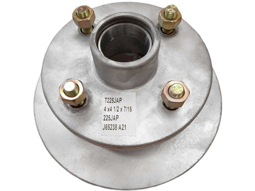 Disc-Braked Early Model Hub - 225mm 4x4-1/2x7/16" showing detailed spares and specifications.