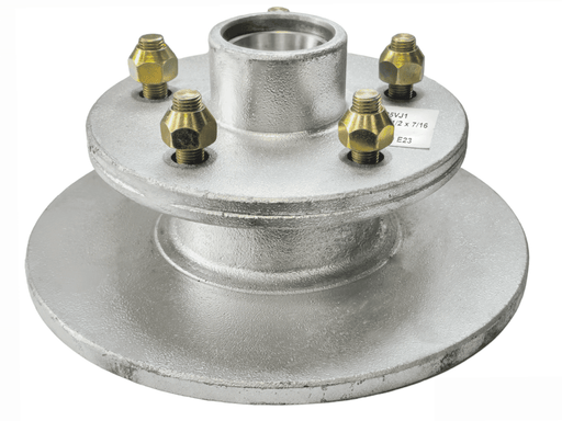 Disc-Braked Early Model Hub - 225mm 5x4-1/2x7/16" product image showcasing silver hub with bolts.