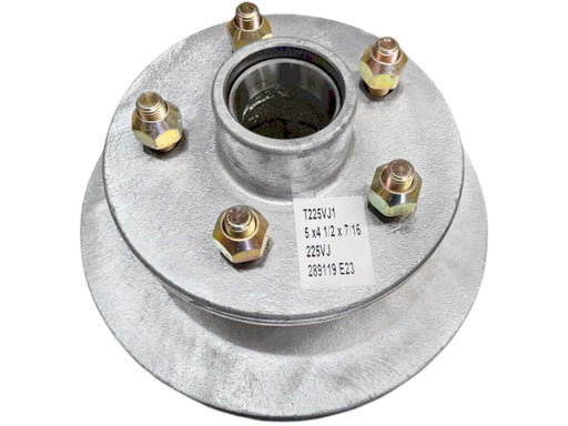 Disc-Braked Early Model Hub - 225mm 5x4-1/2x7/16" with bearing and seal specifications.