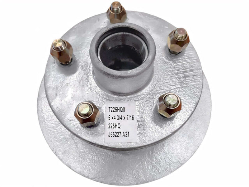 Disc-Braked Early Model Hub - 225mm 5x4-3/4x7/16" showing detailed specifications and bolt configuration.