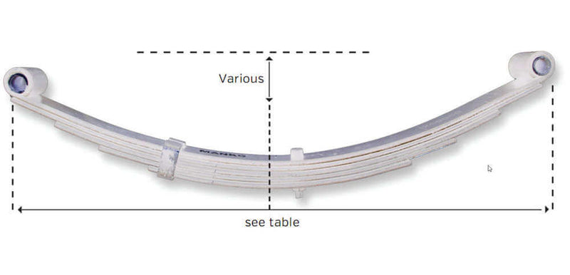 Spring 5 Leaf D/Eye 1500KG multi-leaf double eye spring showing dimensions and design features.
