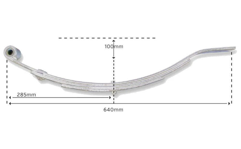 Short Multi-leaf Slipper Spring 3LF 750kg dimensions showing total length of 640mm and eye to centre bolt of 285mm.
