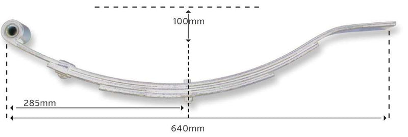 Short Multi-leaf Slipper Spring 4LF 1000kg showing dimensions 640mm O/A length and 285mm eye to center bolt.