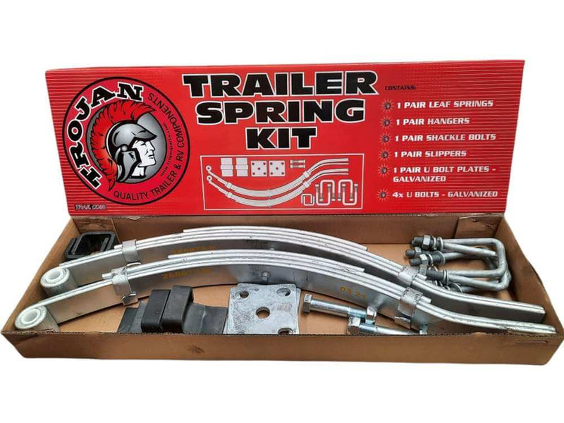 Trojan Multi-leaf Spring Kits 1500kg Pair in packaging with components including springs, hangers, and bolts.
