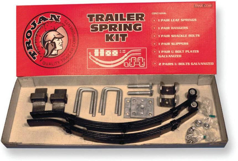 Trojan Multi-leaf Spring Kits 500kg with hardware components including springs, hangers, and bolts in packaging.