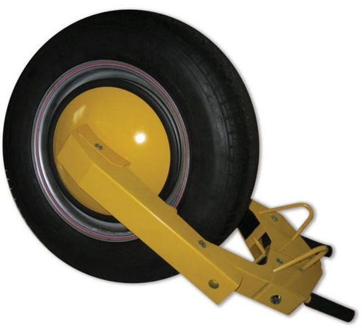 Trailer Wheel Clamp Defender Plus securely locking a trailer wheel to prevent theft