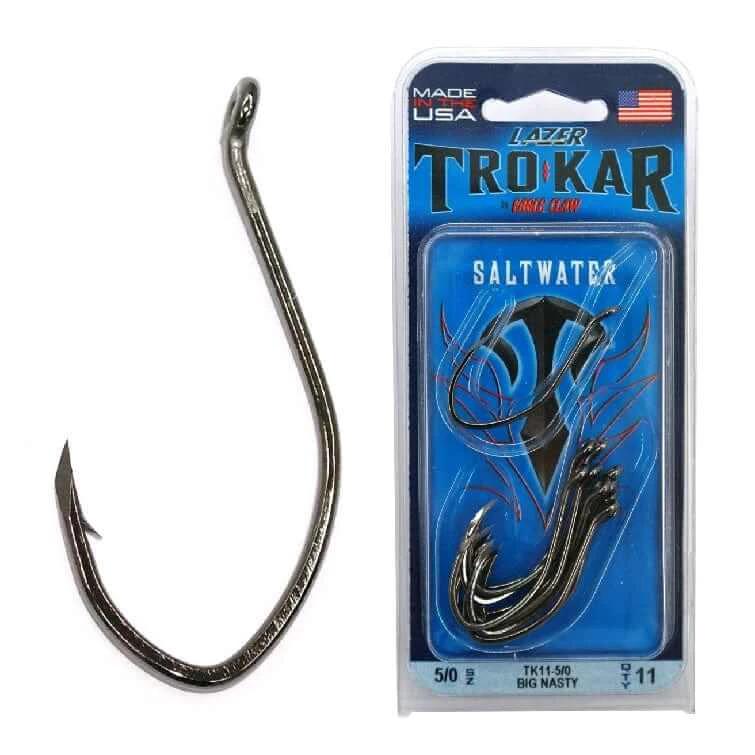 Trokar Hooks TK11 Big Nasty 4/0 Pk12 ultra-sharp saltwater fishing hooks in packaging.