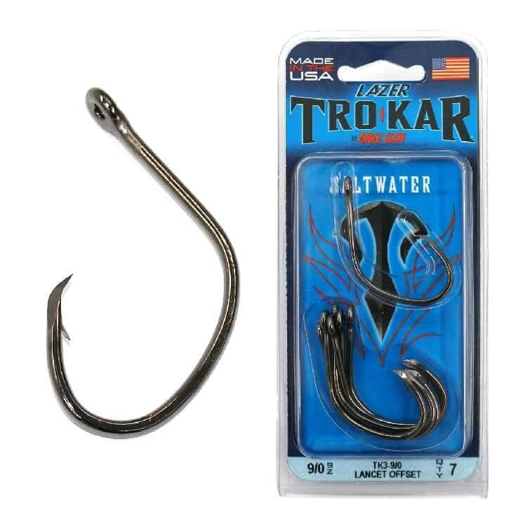 Trokar Hooks TK3 Lancet Circle, Offset 7/0 Pk8 featuring a single black hook and packaging.