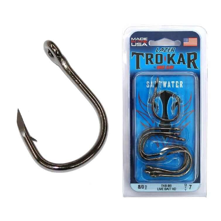 Trokar Hooks TK8 Extreme Live Bait HD 8/0 Pk7 packaging and hook close-up for heavy-duty fishing.