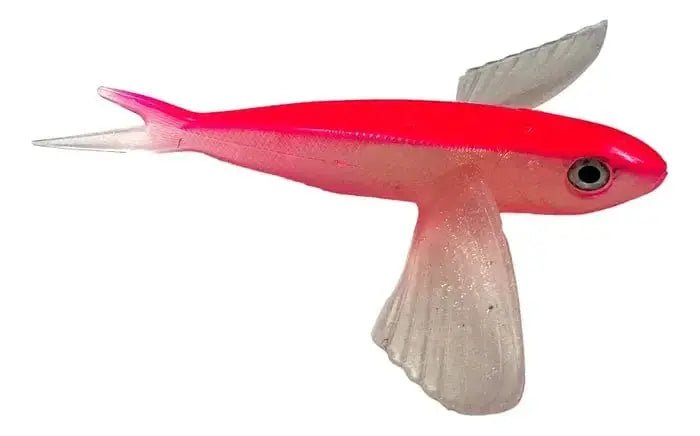 Trolling Bird Flying Fish Pvc Pink /White, 21 cm long fishing lure with pink body and clear wings.