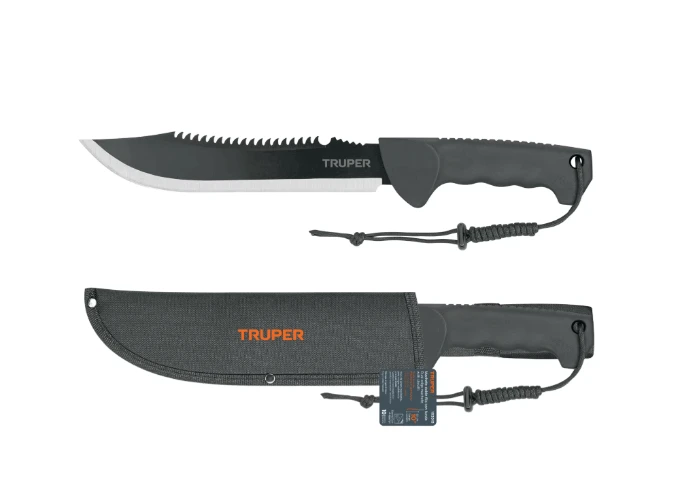 Truper Machette/Bush Knife TPR Handle With Fitted Sheath 250mm showing blade and sheath.