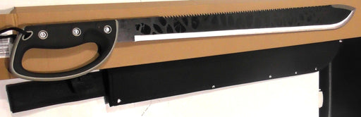 Machette with S-Steel 23inch Blade featuring a serrated edge and soft rubber handle, includes heavy-duty nylon sheath.