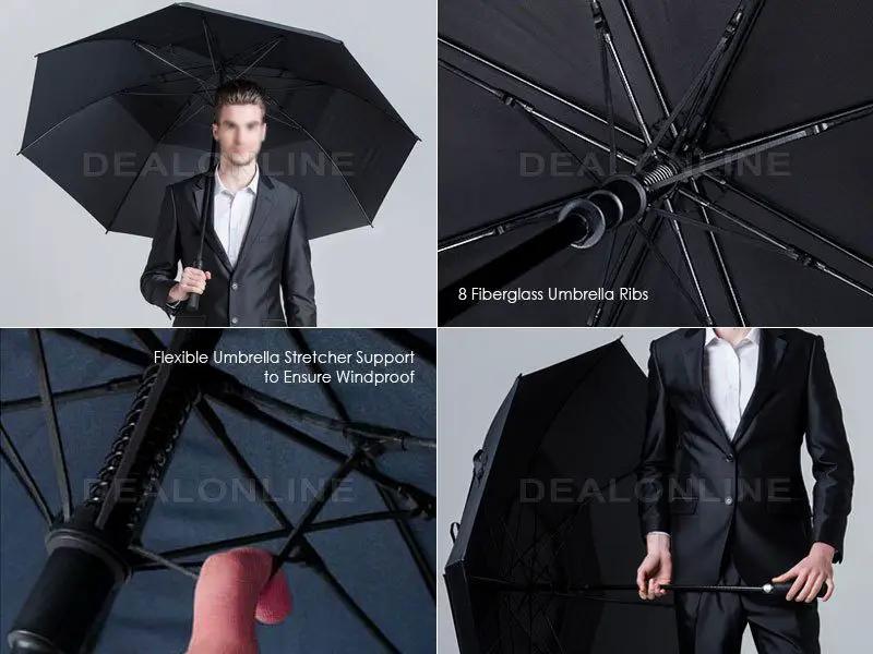 Black Double-Canopy Umbrella Windproof 150CM Large Auto-Open +Cover by dealonline.co.nz