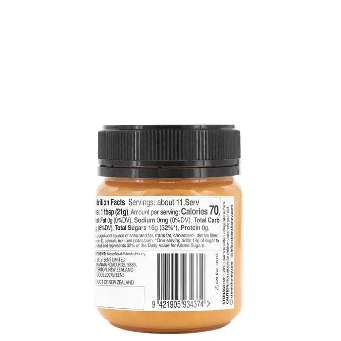 UMF 10+ Raw Multifloral Manuka Honey 225g nutrition facts and serving information on jar.