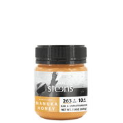 UMF 10+ Raw Multifloral Manuka Honey 225g jar with nutrition facts and branding.