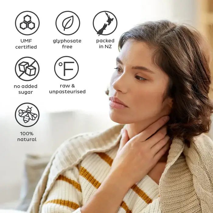 UMF 20+ Raw Multifloral Manuka Honey 225g health benefits and certifications infographic