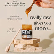 UMF 24+ Raw Multifloral Manuka Honey 225g in a jar with honey dripping from a spoon.