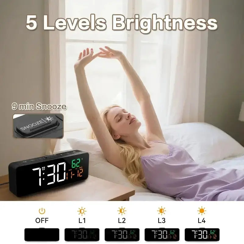 USB Digital Alarm Clock – TEMP & Date Display with 5-Level Brightness by Habicare