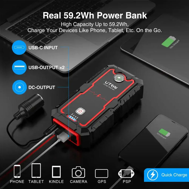 1000A/2000A Portable Car Jump Starter & Emergency Power Bank Booster by Habicare