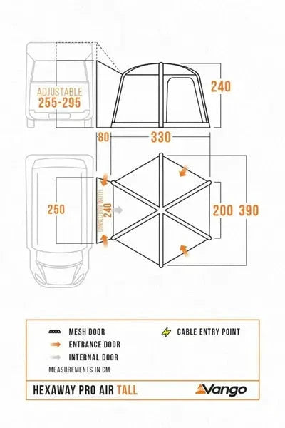 Vango HexAway Air tall awning - Drive Away technical dimensions and features diagram with adjustable measurements.