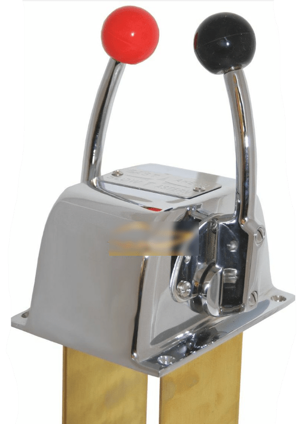 Twin Lever Mechanical Control Levers designed for boats with twin or single engines, featuring chrome design and dual throttles.