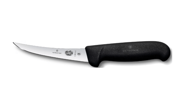 Victorinox Boning Knife 5.6603.12cm Curved Blade Black Handle displayed on a white background.
