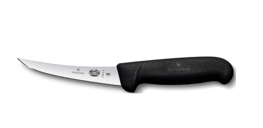 Victorinox Boning Knife 5.6603.12cm Curved Blade Black Handle displayed on a white background.
