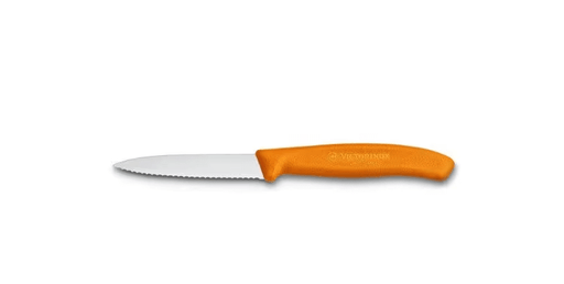 Victorinox Paring Knife 6.7636 - 8cm Wavy Blade Orange Handle on a white background.
