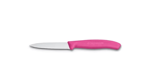 Victorinox Paring Knife 6.7636 - 8cm Wavy Blade Pink Handle showcasing wavy-edge blade and ergonomic handle.