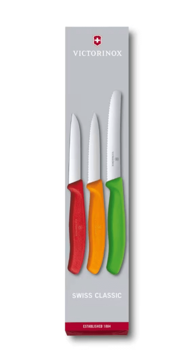 Victorinox Paring Knife Set 6.7116.32 - 3 piece Assorted Colours in packaging with red, orange, and green handles.