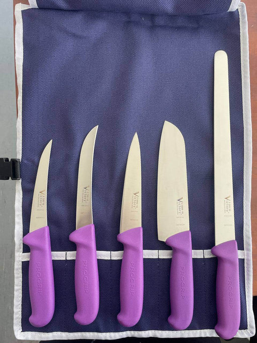Purple Food Prep Knife Set displayed with vibrant purple Progrip handles in a convenient knife roll.