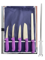Purple Food Prep Knife Set displayed in a knife roll with vibrant purple Progrip handles and stainless steel blades.