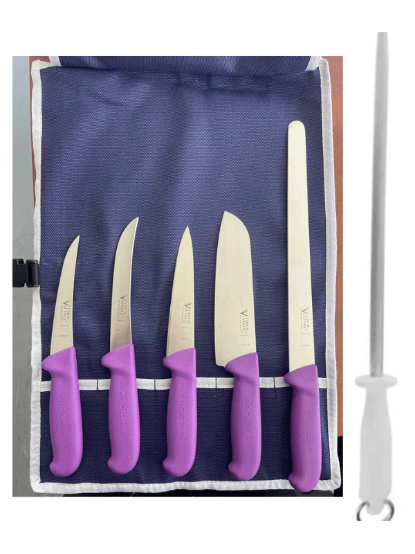 Purple Food Prep Knife Set displayed in a knife roll with vibrant purple Progrip handles and stainless steel blades.