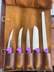 Purple Food Prep Knife Set displayed in a leather roll, featuring vibrant purple handles and various knife types.