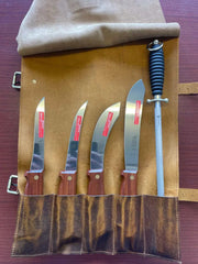 High Carbon Butchers Knife Set displayed in a leather roll, showcasing four high carbon steel knives with wooden handles.