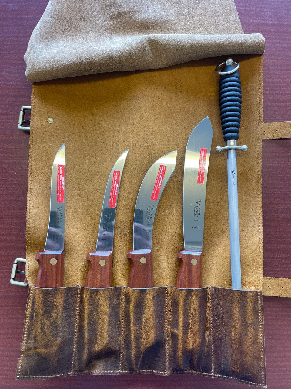 Victory Knives BUTCHERS KNIFE SET 5 PIECE LEATHER ROLL 5 POCKET High Carbon Butchers Knive Set with Sharpening Steel