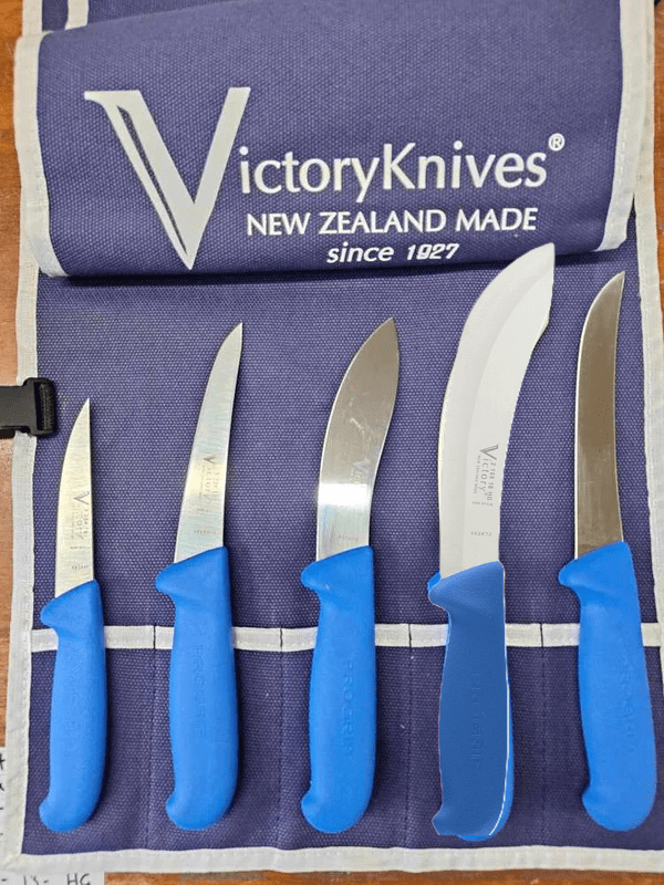 Victory Knives Butchers Knives Blue Progrip 5 PIECE / CANVAS Victory Skinning & Boning Knife Set Blue